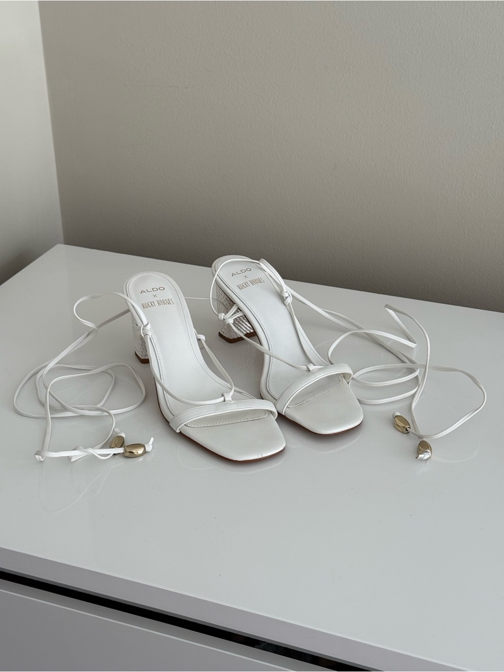 Aldo White Lace-Up Square Toe Block Heel Sandals